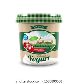 New cherry jam Yogurt container design with farm styled label with trees and cows, vector illustration for organic cream yogurt product packaging branding or advertising design