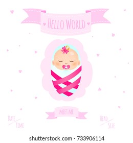 New child born baby newborn greeting card with girl kid in diapers, words Hello World,Meet Me on pink heart background