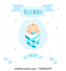 New Child Born Baby Newborn Greeting Card With Girl Kid In Diapers, Words Hello World,Meet Me On Blue Heart Background