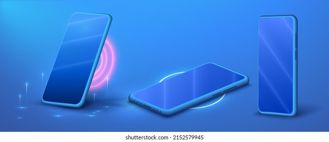 A new china mobile phone with a reflection on the screen on a polished background. Layout or template of mobile phones.  Phone different angles views. Vector illustration