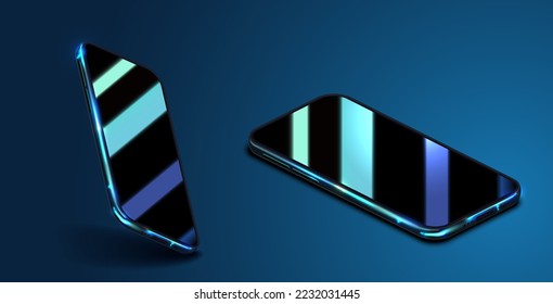 A new china mobile phone with a reflection on the screen on a polished background. Layout or template of mobile phones. Phone different angles views. Vector illustration