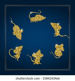 New Chinese Year 2020. Set of gold glittering mouse, rat silhouettes on blue background. Icons with sequins different shapes. Asian patterns. For card, invitation, poster, banner. Vector illustration.