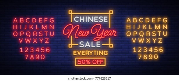 New Chinese year sale vector poster. Neon Sign, Bright Night Advertising. Neon banner, bright brochure, luminous banner, leaflet, flyer card. Vector illustration. Editing text neon sign