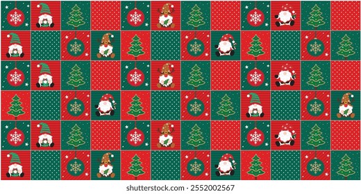 New Christmas design template with gnome in Santa costumes, elves and reindeer on a red,green background.