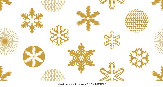 New Christmas seamless pattern with trendy geometric motifs. Golden snowflakes and circles with different ornaments. Retro design collection. On white background.