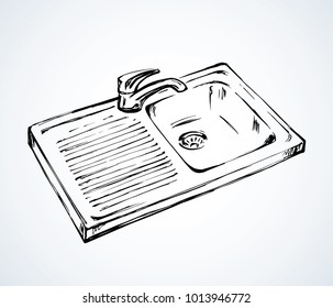 New chrome plug drainhole on white recess countertop backdrop. Freehand outline black ink hand drawn logo sketchy in retro art scribble cartoon style pen on paper. Closeup top view with space for text