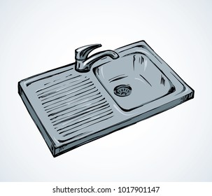 New chrome plug drainhole on white recess countertop backdrop. Light gray color hand drawn logo sketchy in retro art scribble cartoon comic style. Closeup top view with space for text on wall