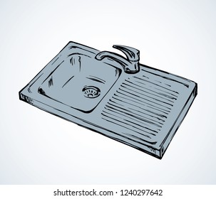 New chrome plug drainhole on white recess countertop backdrop. Freehand outline black ink hand drawn logo sketchy in retro art scribble cartoon style pen on paper. Closeup top view with space for text