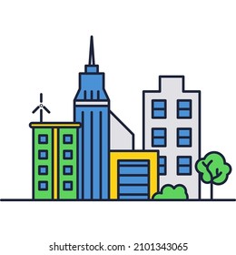 New city buildings house icon vector urban scene. Business office center and residential apartment landscape. Downtown architecture, cityscape graphic exterior