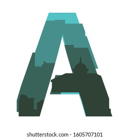 New city font. Urban letter A made of blue houses. Decorative typography