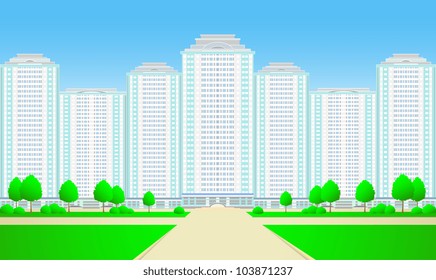 New city skyscrapers with road,tree and grass on sky background