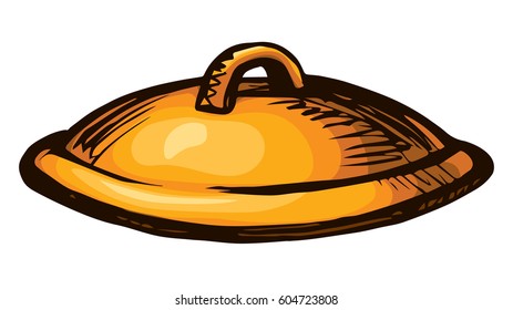 New clean ceramic pan lid icon isolated on white background. Bright golden color hand drawn picture logo sketchy in retro scrawl style. Close up side view with space for text