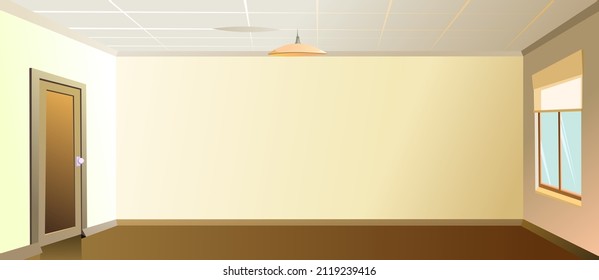 New clean empty room. With a glass door and a bright window. Ceiling lamp. Cozy house. Cartoon funny style illustration. Vector in nighttime