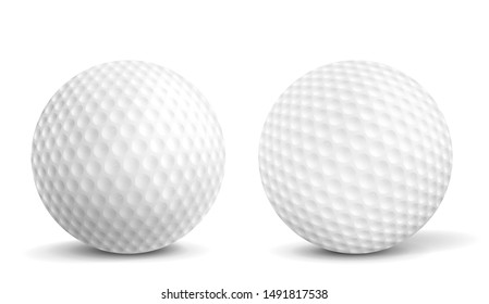 New, Clean Golf Balls With Aerodynamics Dimples Closeup, Front View, 3d Realistic Vector Illustrations Isolated On White Background With Shadows. Golf Tournament, Sport Equipment Ad Design Element