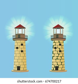 New clean and old, algae-covered lighthouses. Vector object can be used in newsletter, brochures, postcards, banner. 