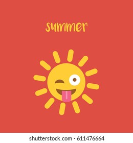 new, clean & simple modern sign or symbol  with text - summer. funny cartoon sun emoticon isolated vector flat design style with two eyes tongue for holiday. enjoy the beautiful & hot sunlight.
