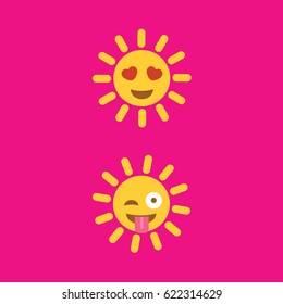 new, clean & simple modern sign or symbol for summer holiday funny cartoon love sun emoticon isolated vector with two heart like eyes. pink flat design style background. enjoy the hot sunlight.