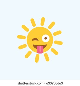 new, clean & simple modern sign or symbol  for summer. enjoy the beautiful & hot sunlight.  funny cartoon sun emoticon isolated vector flat design style with two eyes tongue for holiday. 