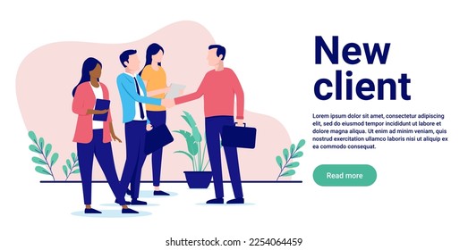 New client - Team of professional businesspeople shaking hands with man in office. Flat design vector illustration with white background and copy space for text