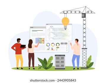 Nueva solución de codificación en el desarrollo de aplicaciones móviles y software. Pequeñas personas y grúa de construcción con bombilla de trabajo en código de programa, desarrollador lluvia de ideas ilustración vectorial de dibujos animados