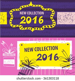 New collection 2016. Web Banner, Header Layout Template for shop. Handdrawn design elements.