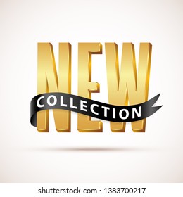 New collection 3d gold text with black ribbon on white background. Vector illustration. Hand drawn lettering word logo. Design for social media, print lables, poster banner etc