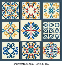 New Collection of 9 ceramic tiles, blue-orange style