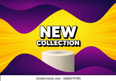 New collection. Abstract background with podium platform. New fashion arrival sign. Advertising offer symbol. Dotted offer podium banner. Dotwork platform background. New collection text. Vector