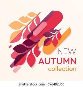 New collection announcement. Autumn themed illustration for banners, posters, advertising and promotional materials. Colorful leaves and geometric forms on pale background. Trendy flat style vector. 