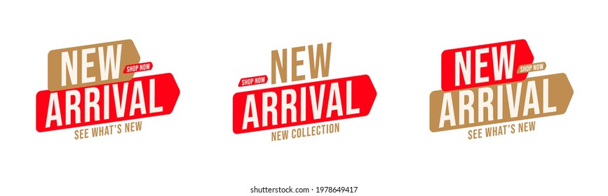 New collection arrival badge for retail shopping purchase. Sticker template set with announcement accent on product status and condition. Vector illustration isolated on white background