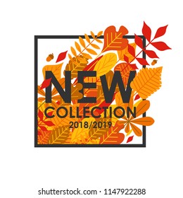 New collection banner. Vector illustration with autumn leaves in black square frame and lettering isolated on white background. Advertising, promotion template.