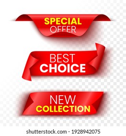 New collection, best choice, and special offer banners. Red sale tags. Stickers. Vector illustration.