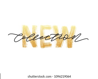 New collection gold text on white background.. Modern brush calligraphy. Vector illustration. Hand drawn lettering word. Design for social media, print lables, poster banner etc
