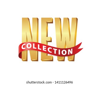 New collection gold text with red ribbon on white background. Vector illustration. Design for social media, print lables, poster banner etc