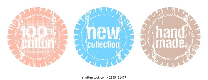 New collection, hand made and 100 percents cotton - vector stamps set