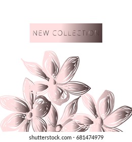 New Collection header. Sketched flowers in gold.  Artistic texture for invitations, flyers, posters, brochures, banners, cards, covers, web, social media, wedding, postcards