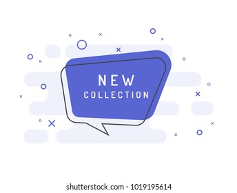 New collection label. Trendy flat vector bubble. Blue banner on a blue background.
