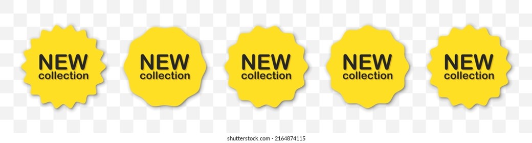 New collection labels set in yellow with shadow. Vector illustration
