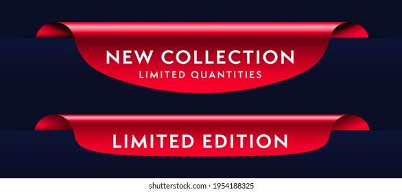 Nueva colección de cantidades limitadas etiqueta de publicidad edición. Conjunto de diseño de marketing rojo con oferta especial de compra producto o imagen vectorial de estado de la prenda aislada en el fondo oscuro