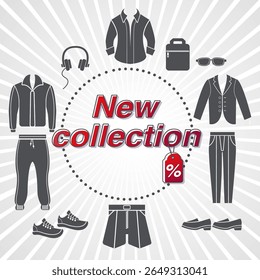 New collection of men's clothing and accessories set of fashion clothes vector image black and white background