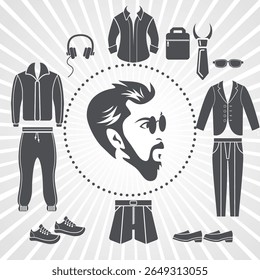 Nova coleção de roupas masculinas e acessórios conjunto de moda roupas imagem vetorial preto e branco fundo