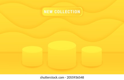 New collection product display podium decorated with yellow fluid background, 3d illustration