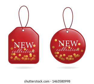 New collection red label. Hanging tag banner and badge design.