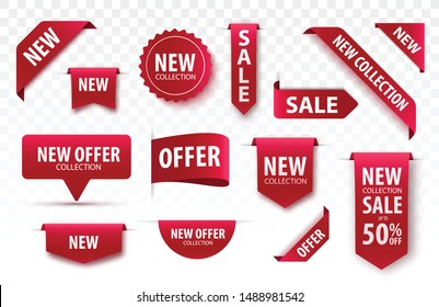 New Collection Sale Tags. 3d Labels And Badges. Red Scroll Ribbons. Vector Banners