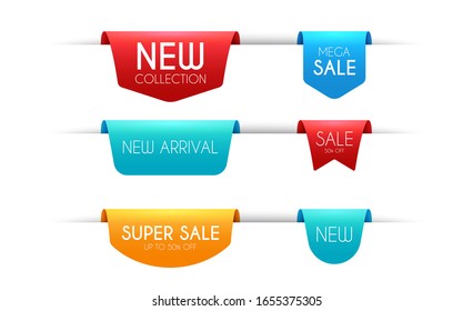 New collection sale tags. Infographic price banners set. Product banner ribbons, price discount tags. Promotion badges. Exclusive bookmark set. Infographic sale design. Vector ribbons