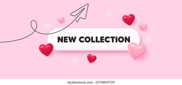 New collection search bar. Share plane line icon. New collection. New fashion arrival sign. Advertising offer symbol. Search button with 3d hearts. Vector