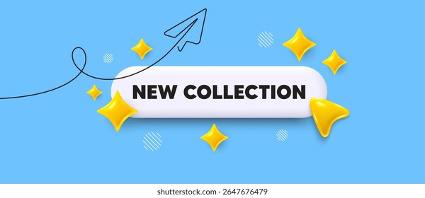 New collection search bar. Share plane line icon. New collection. New fashion arrival sign. Advertising offer symbol. Search button with 3d sparkles. Vector