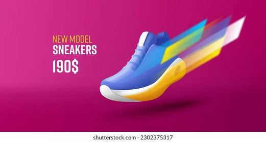 Nueva colección de zapatillas zapatillas banner de promoción con zapato 3d con movimiento rápido dinámico rayas borrosas y precio