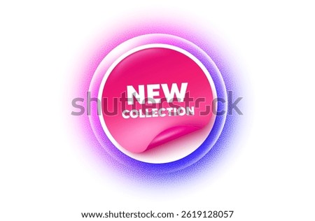 New collection sticker purple gradient. Paper offer price tag. New collection tag. New fashion arrival sign. Advertising offer symbol. Sticker label. Grain dots effect. Vector
