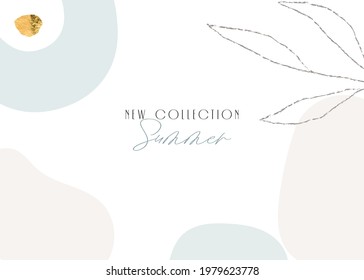 Nueva colección Banner boho de verano o cabecera formas abstractas y texturas marco fondo con elemento floral, lámina de oro. Fondo de color rosa y azul pastel 